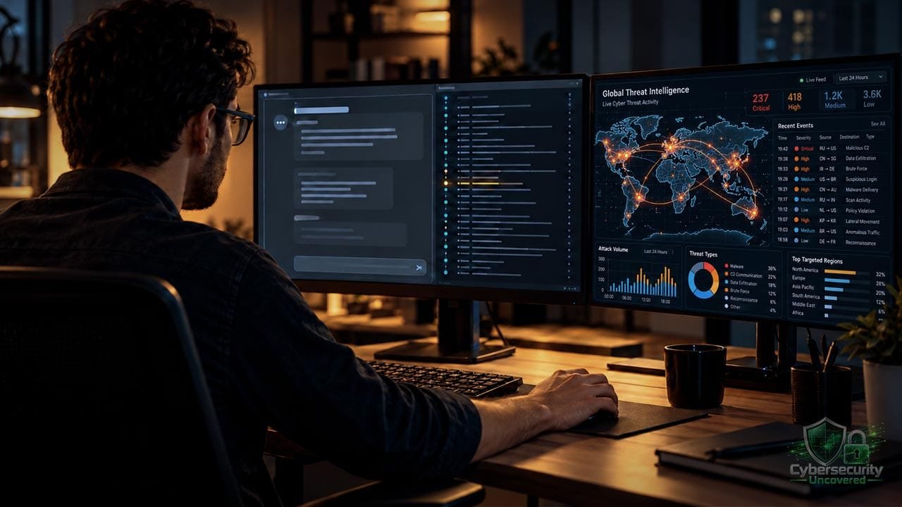 Cybersecurity analyst examining AI model activity and command logs on two monitors.