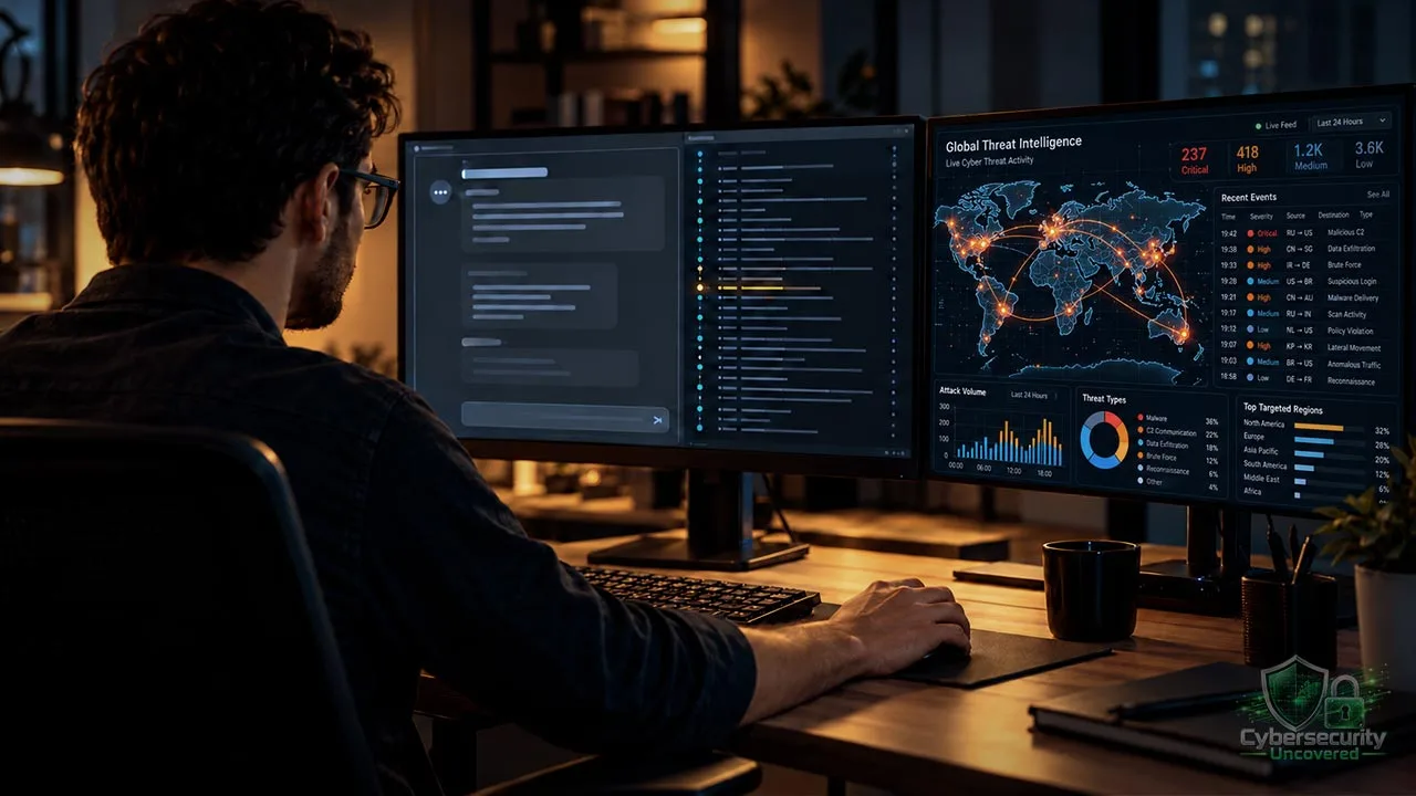 Cybersecurity analyst examining AI model activity and command logs on two monitors.