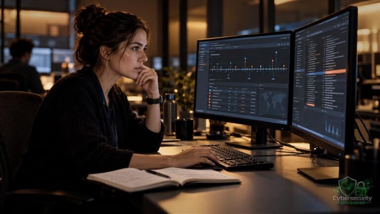 SOC analyst reviewing security alerts and event logs at a dual-monitor workstation